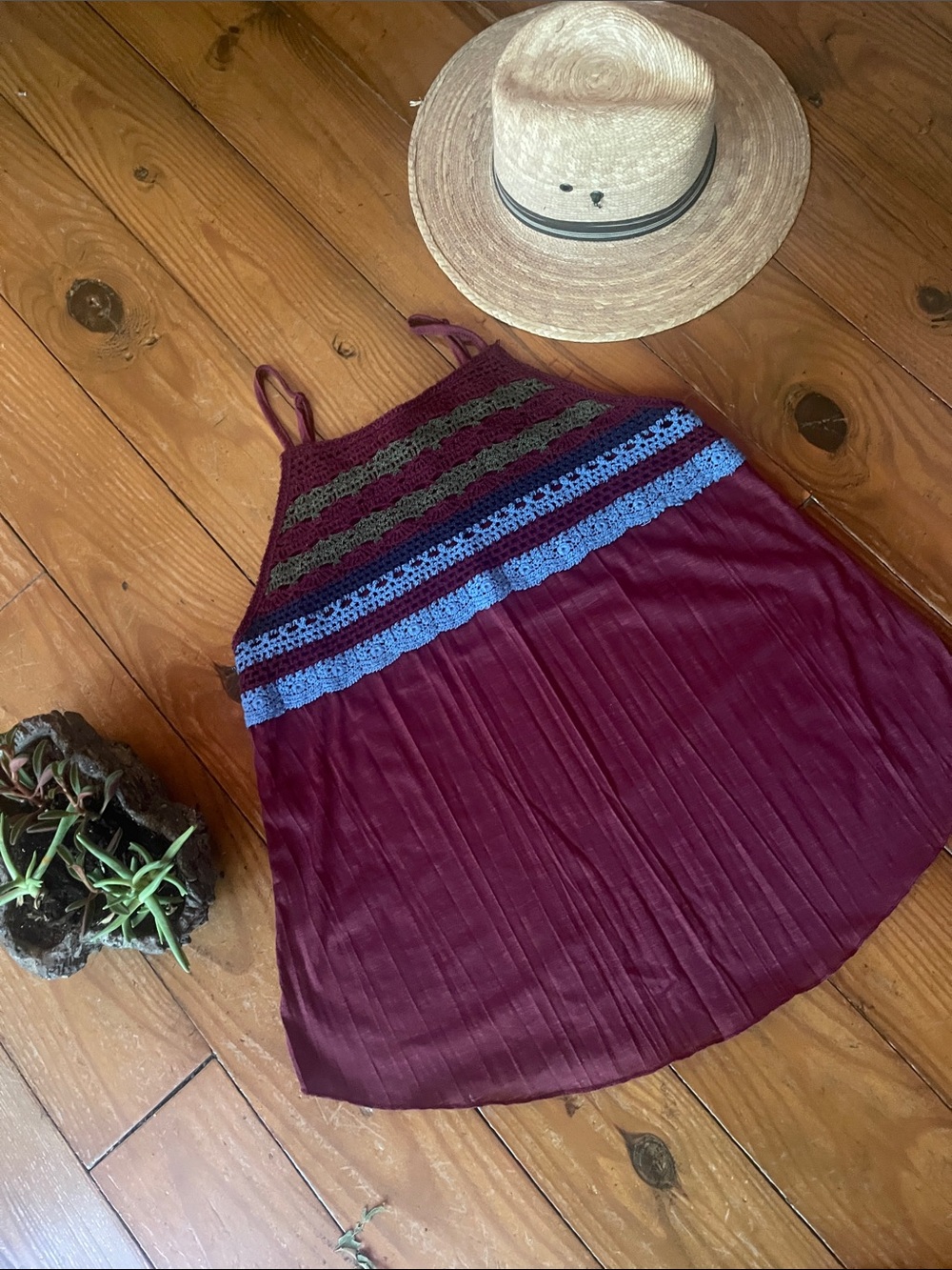 Women's Burgundy Crochet Yoke Tank Top